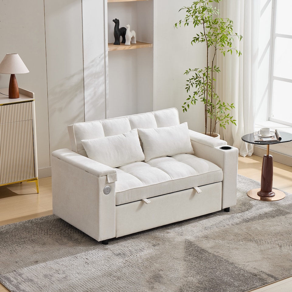 image 1 of FENCHILIN 2 Seater Pull Out Sofa Bed Loveseat Recliner with Hidden Table, Cup Holders, USB & Type-C Beige