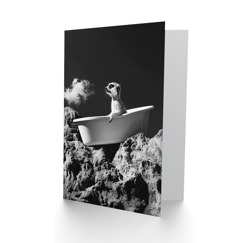 image 1 of Meerkat in Bathtub on a Rock Black White Surreal Birthday Greeting Card