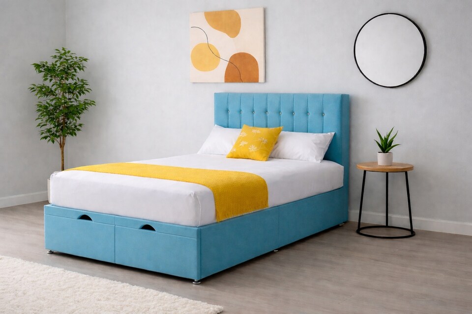 image 1 of Ottoman Under Bed Storage 3ft Single Sky Blue Plush Bed Set with Headboard and Mattress