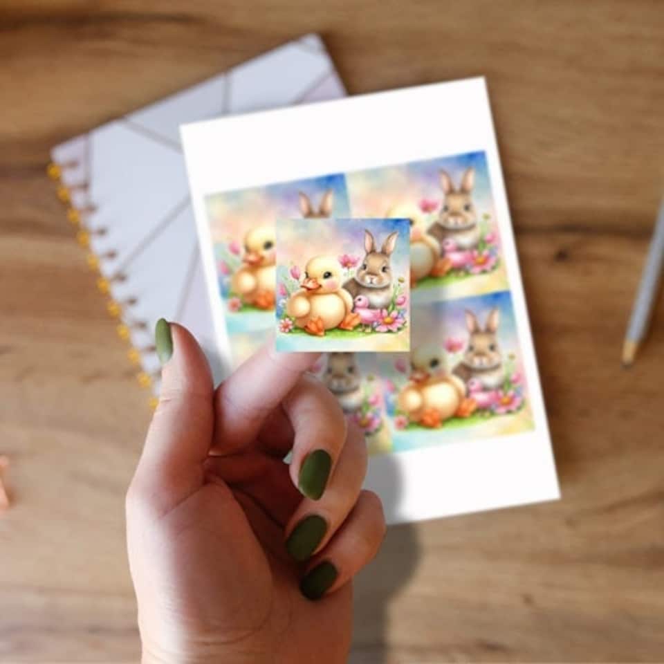 image 1 of Easter Bunny and Chick Square Stickers 95mm - Sheet of 4