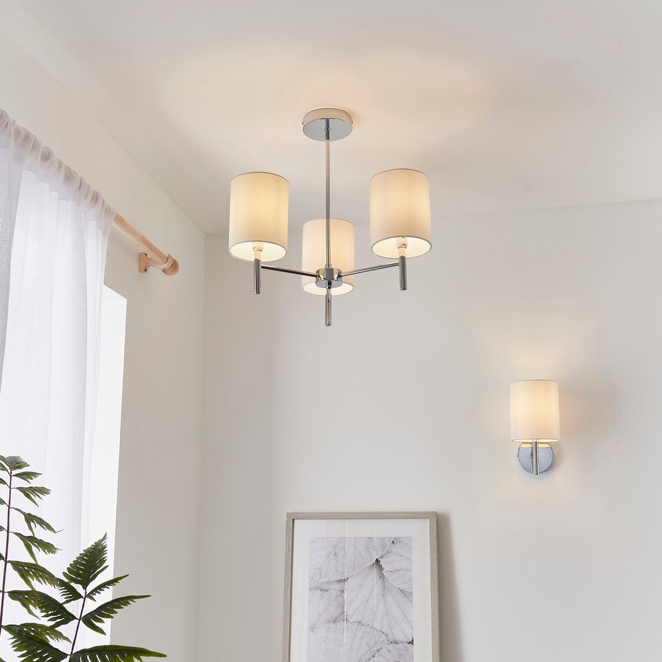 image 1 of Brio 3 Light Semi Flush Multi Arm Ceiling Light Chrome, Off White Silk Effect, E14