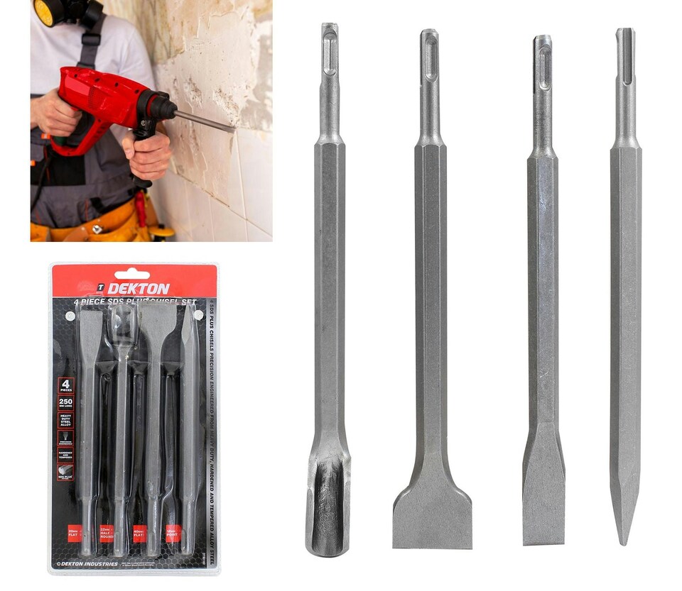 image 1 of Dekton 4 Pcs SDS Chisel Set For Hammer Drill Pointed Groove Gouge 250mm Masonry