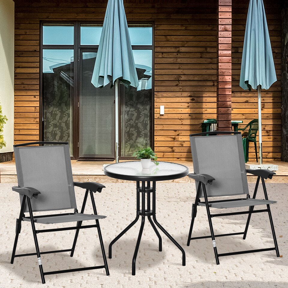 image 1 of Outsunny Patio Bistro Set Folding Chairs Garden Coffee Table for Balcony Grey