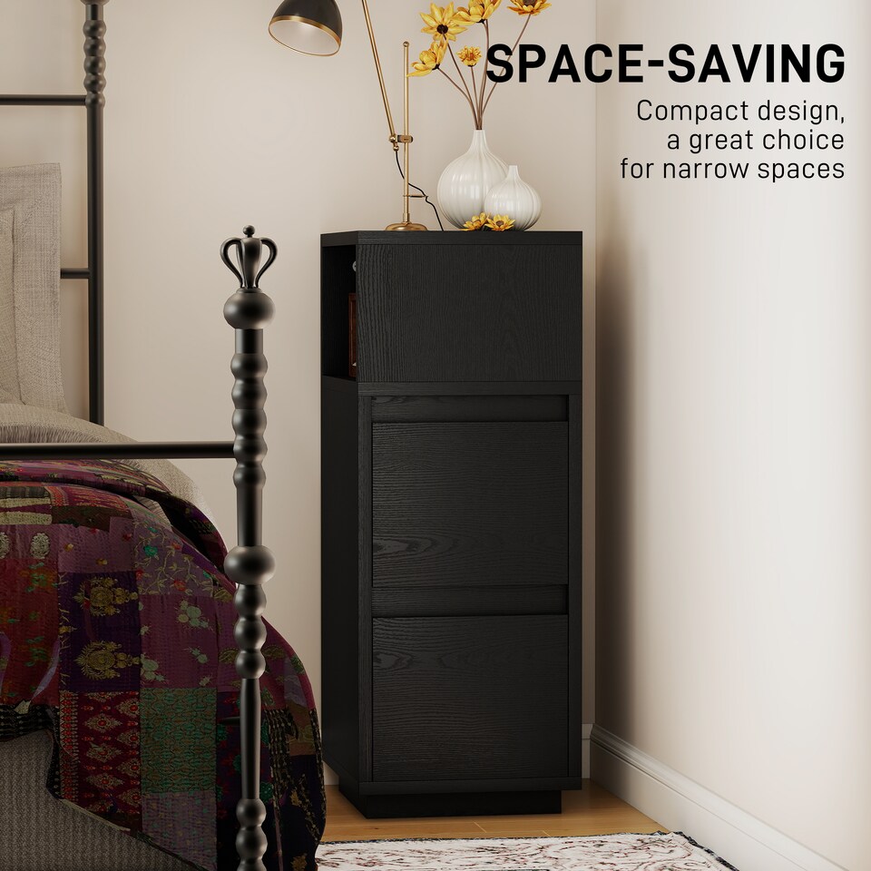 image 1 of HOMCOM Slim Bedside Table, Narrow Bedside Cabinet with Open Shelf and 2 Drawers, Modern Nightstand for Bedroom, Living Room, Black | Black | Black