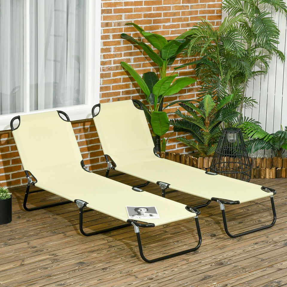 image 1 of Outsunny Folding Sun Loungers Set of 2 with Adjustable Backrest, Beige 