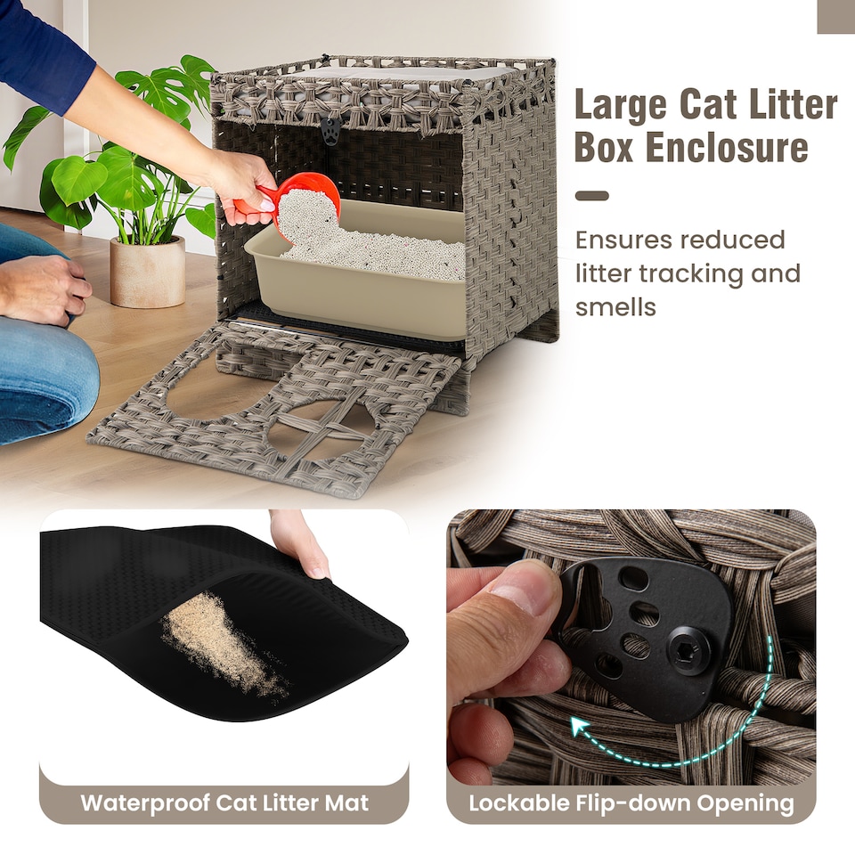 image 1 of COSTWAY Foldable 2-tier Rattan Cat Litter Box Enclosure With  Litter Mat-Gray