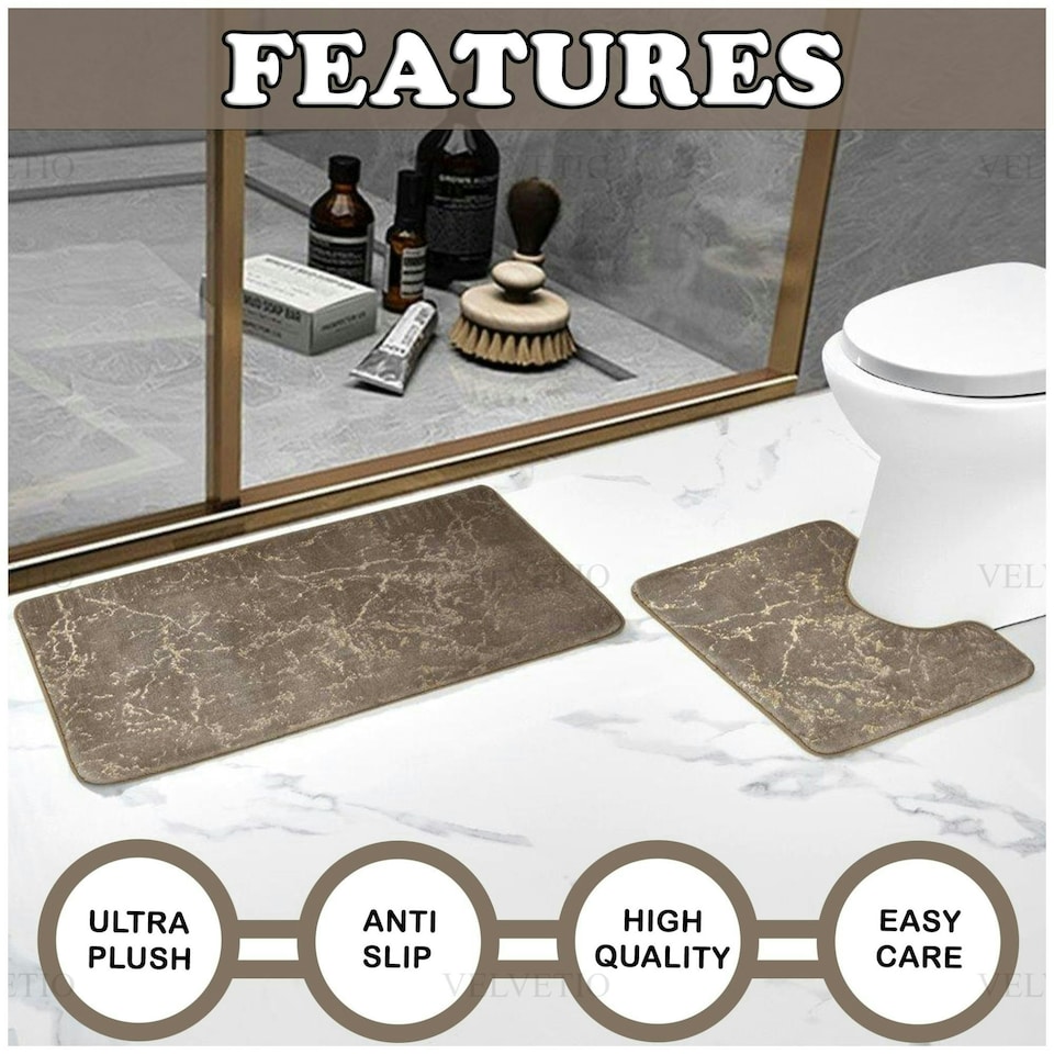 image 1 of VELVETIO Glitter Bath Mat Set Non Slip Water Absorbent Toilet Rugs Brown | Natural