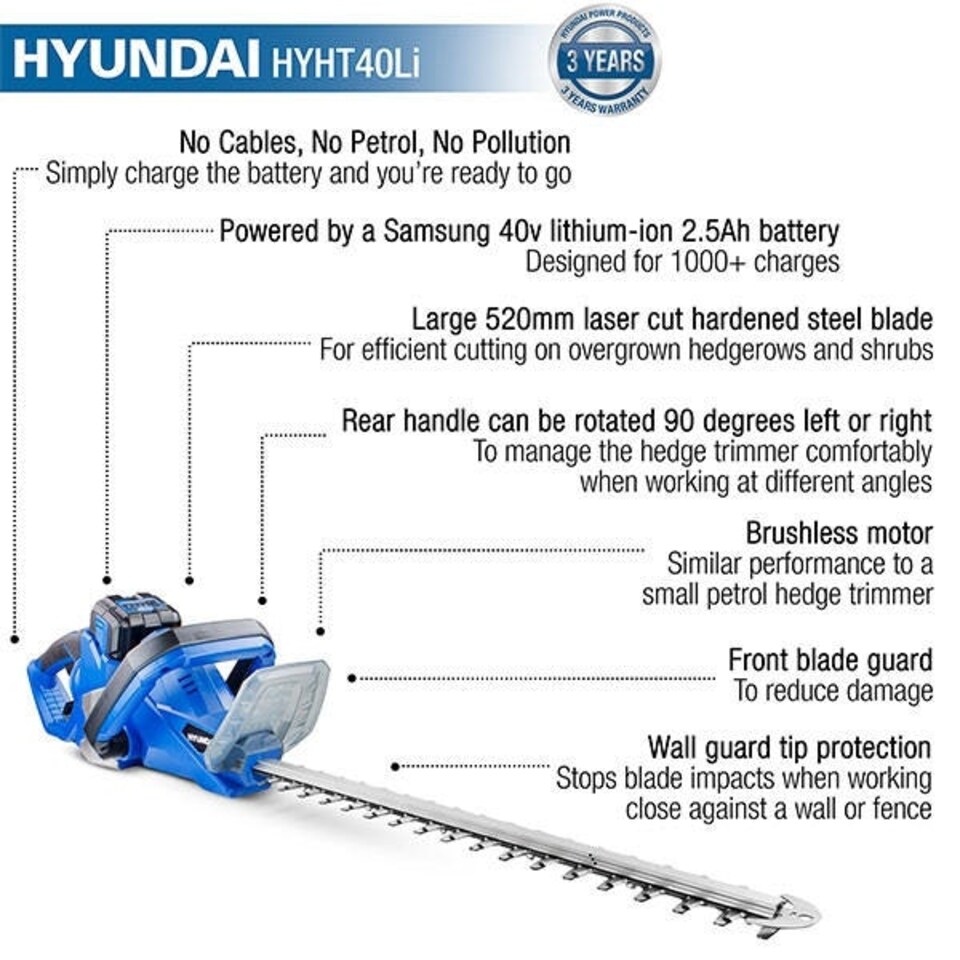 image 1 of Hyundai 40v Lithium-ion Battery Hedge Trimmer With Battery and Charger | HYHT40LI