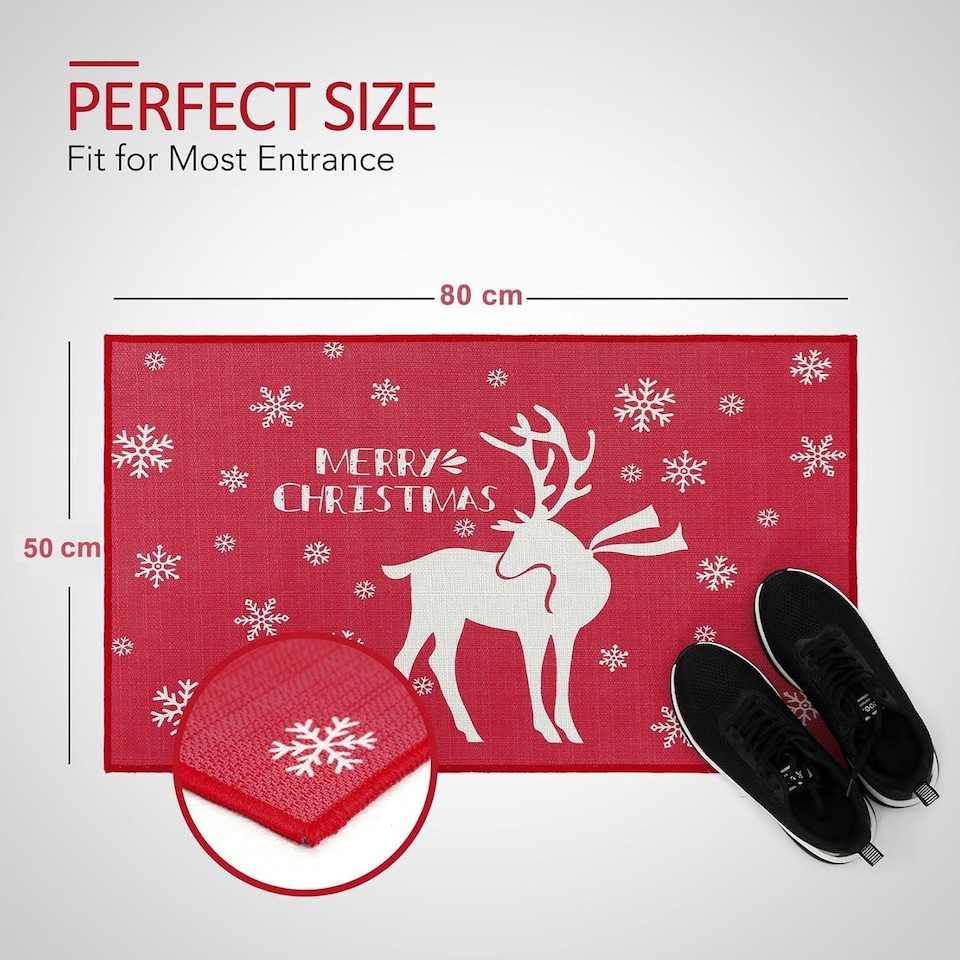 image 1 of London Boutique Christmas Doormat with Snowflake and Reindeer Print, Anti-Slip Washable Door Mat, Red, 50 x 80 cm