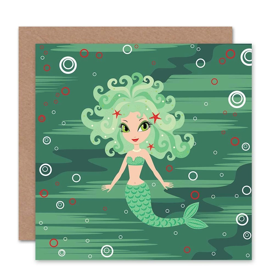 image 1 of Mermaid Children Cute Green Cartoon Kids Birthday Child Card