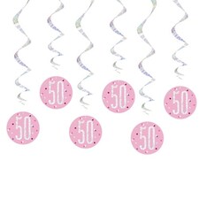 Pink Glitz Age 50 Holographic Hanging Swirl Decorations - Pack of 6