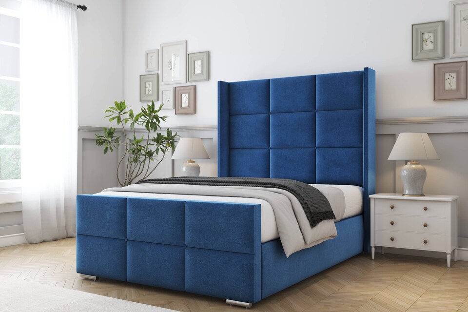 image 1 of Sloomy Beaumont Navy Plush Bed Frame With 50"  Upholstered Wingback Headboard 5' King