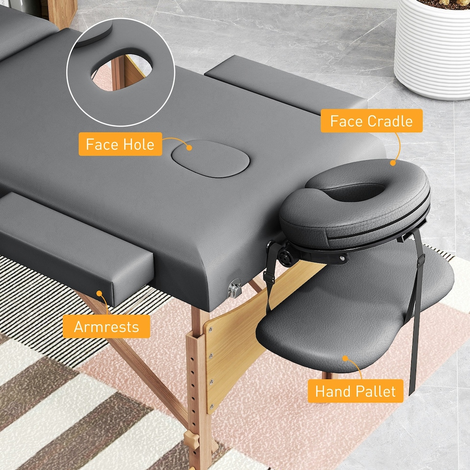 image 1 of HOMCOM Foldable Massage Bed with Beech Wood Legs Face Cradle Armrests Grey Grey