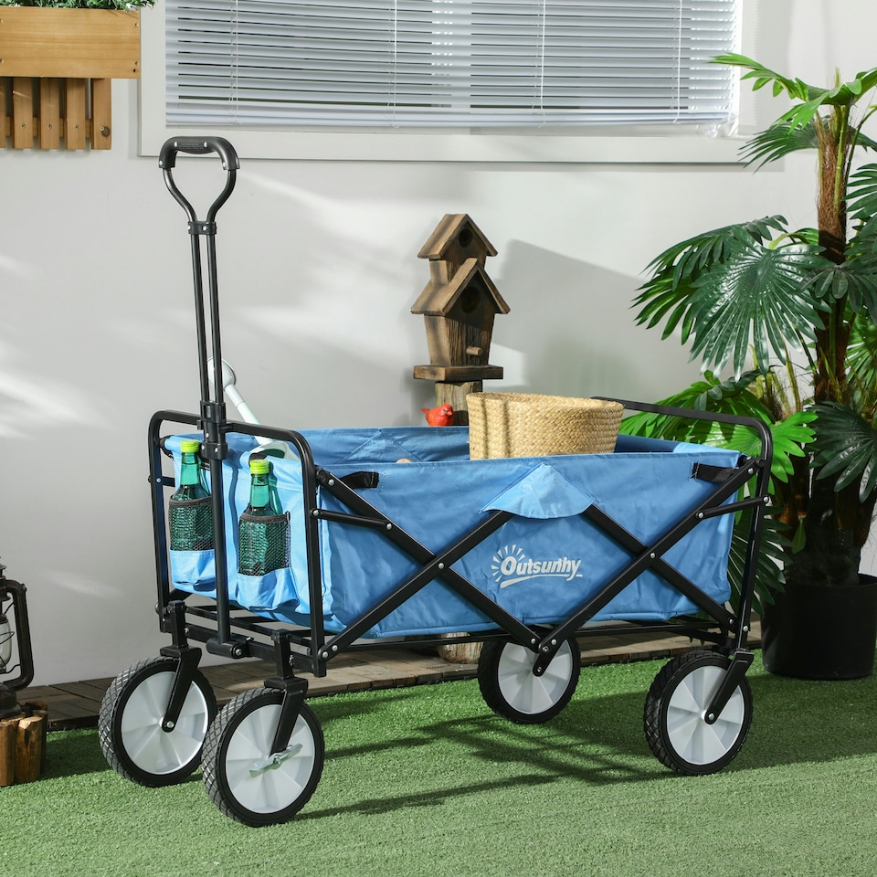image 1 of Outsunny Folding Outdoor Storage Trolley Cart Bag Telescopic Handle Brakes Blue