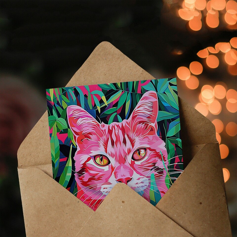 image 1 of Neon Pink Cat Lover Jungle Nature Design Woman Her Birthday Card