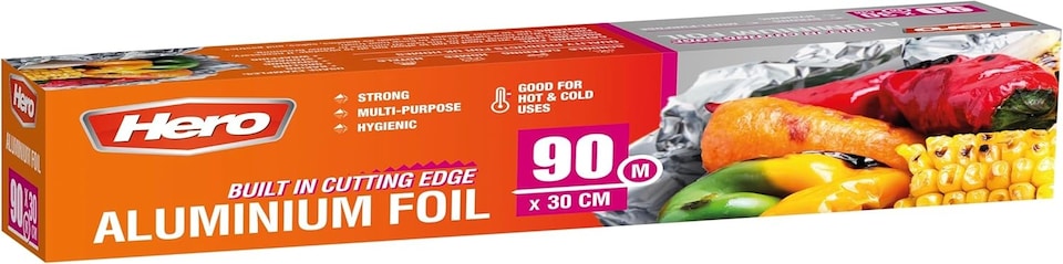 image 1 of Hero Strong Kitchen Foil Roll 90m x 300mm – Premium Aluminium Foil with Easy Cutter Dispenser | Non-Stick Foil for Cooking, Baking, BBQ & Food Wrapping