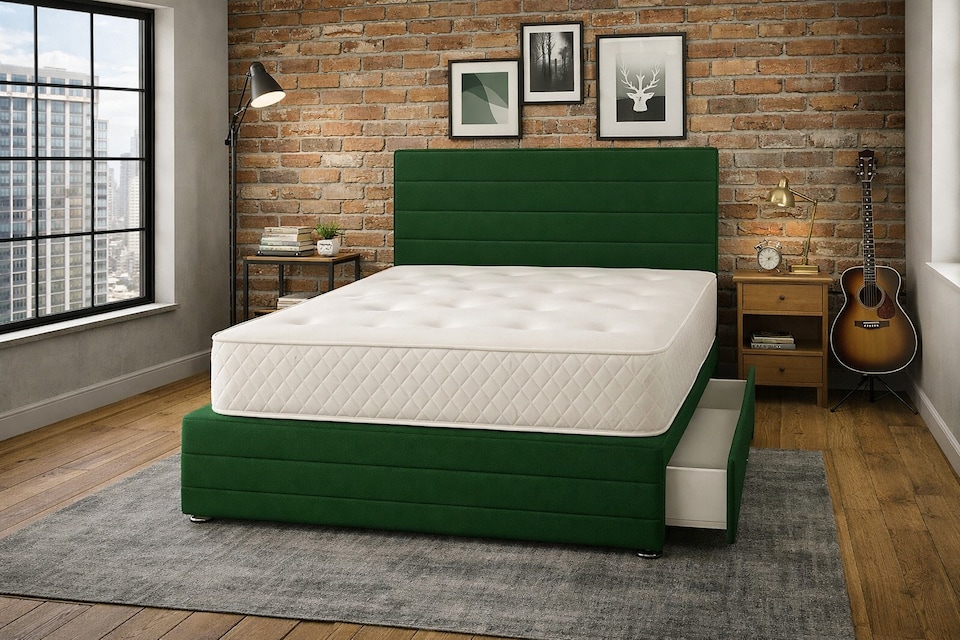 image 1 of Divan Bed Set Headboard and Footboard with Mattress 4ft6 Double Dark Green Suede Storage 2 Drawers Right Side Laying in Bed