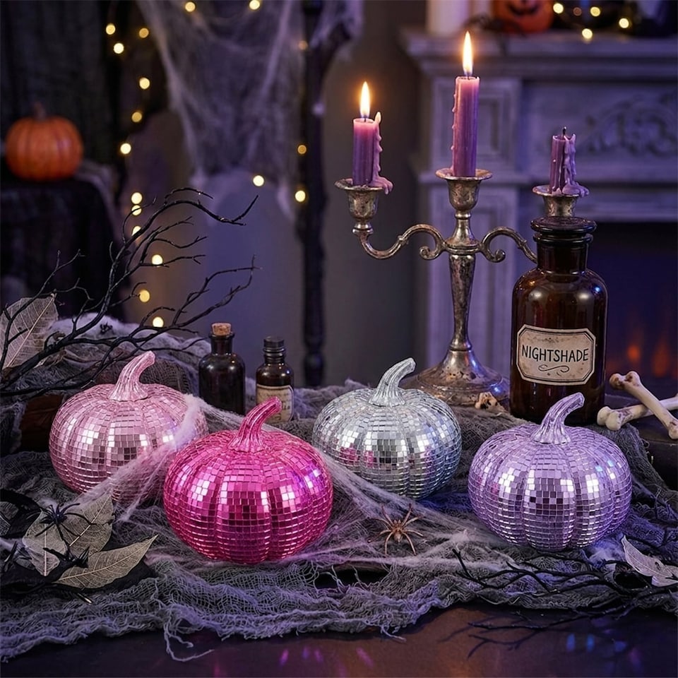 image 1 of Pink, Lilac and Silver Mini Disco Pumpkin Halloween Decorations - Pack of 4