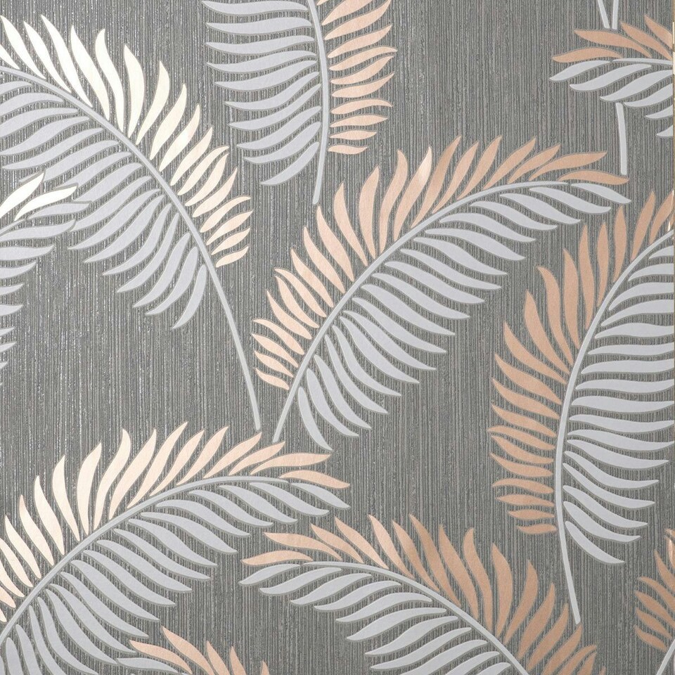 image 1 of Fine Decor Cascade Leaf Wallpaper - Grey/Rose Gold - 10m x 53cm | Grey