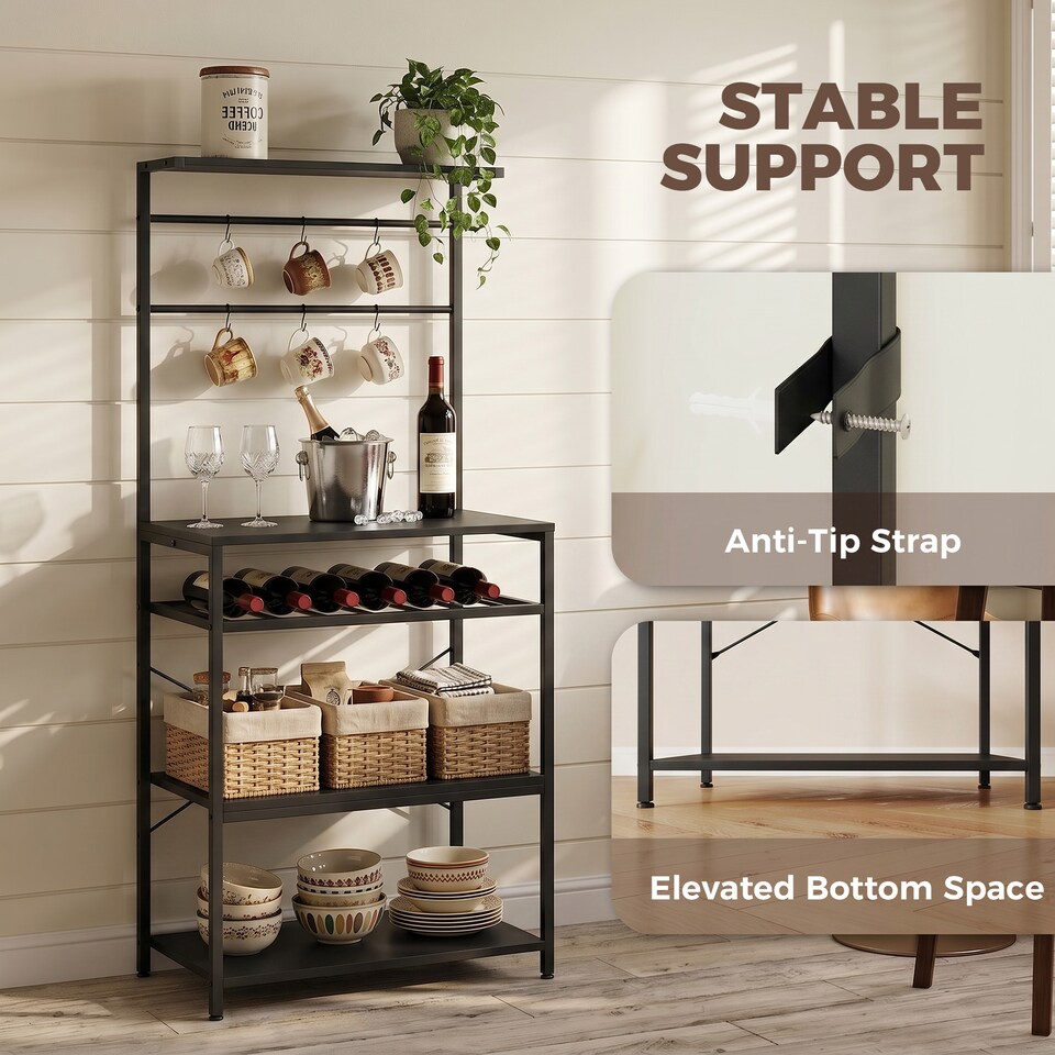 image 1 of HOMCOM Freestanding Shelving Unit with 6 Hooks and Wine Rack