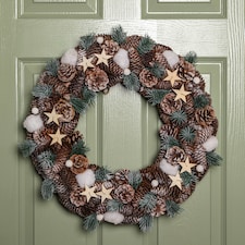 50cm Frosted Hanging Christmas Wreath with Pine Cones & Wooden Stars
