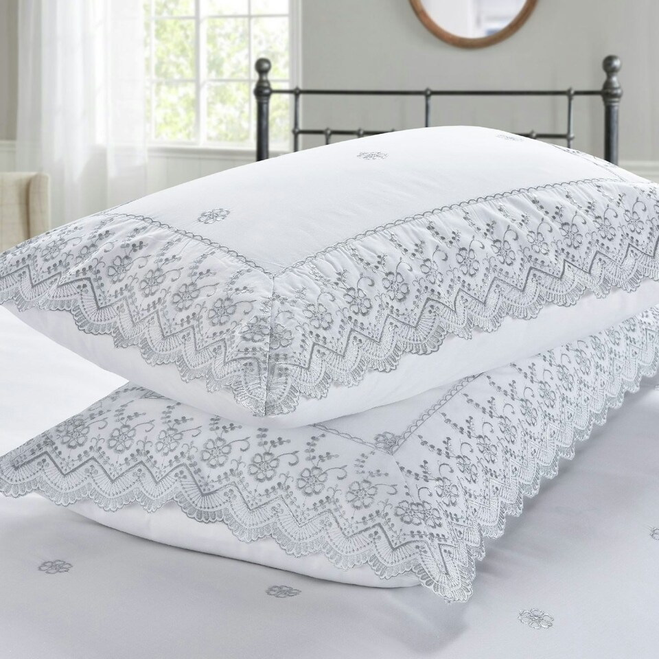image 1 of Gabrielle Embroidered Floral Duvet Cover Set with Pillowcases Included (White) White | Super King
