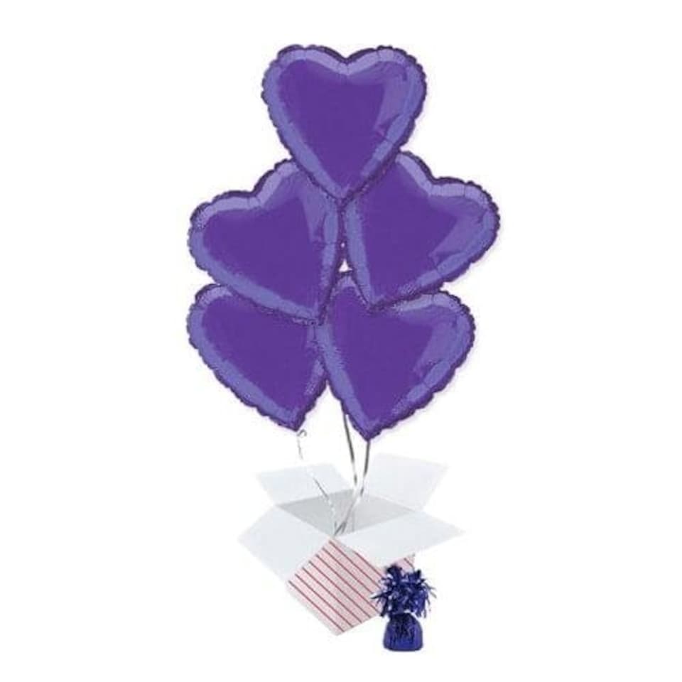 Purple Heart Foil Helium Balloon Bouquet - 5 Inflated Balloons In A Box