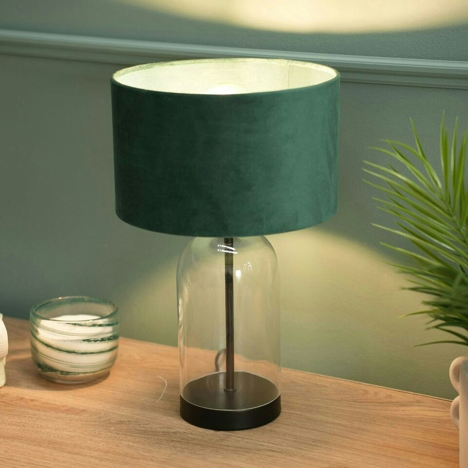 image 1 of ValueLights Jessy Glass and Black Metal Bedside Table Lamp with a Forest Green Velvet Lampshade