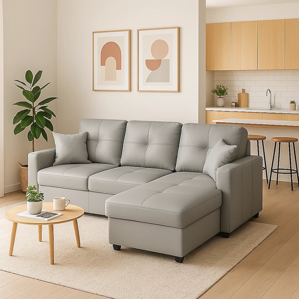 image 1 of Milano 3 Seater L Shape Pullout Sofa Bed with Deep Storage Compartment & Reversible Chaise | Grey | 1