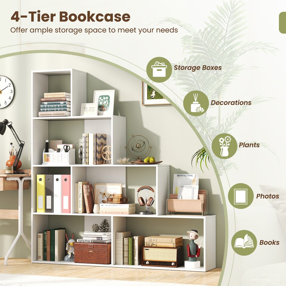 image 1 of COSTWAY 4 Tier Stepped Bookshelf Modern Ladder Bookcase 6 Storage Cubes White