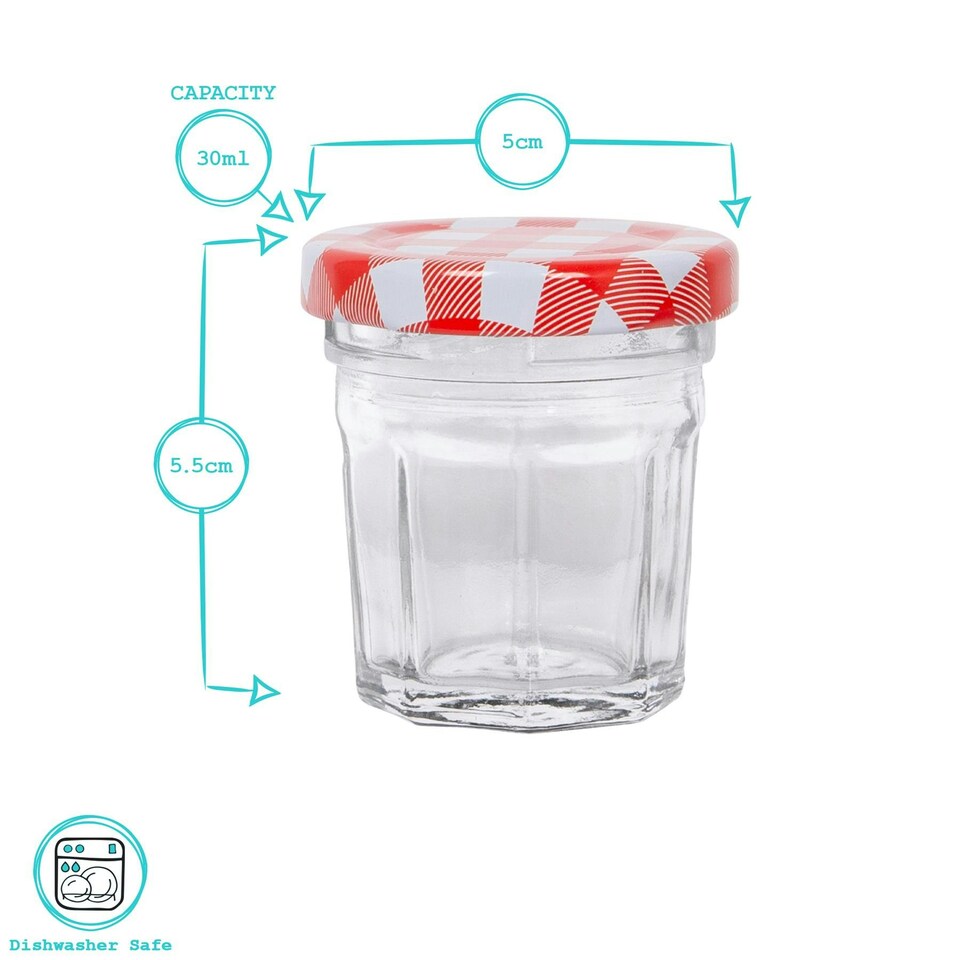 image 1 of Argon Tableware Glass Jam Jars with Green Gingham Lids - 30ml - Pack of 6