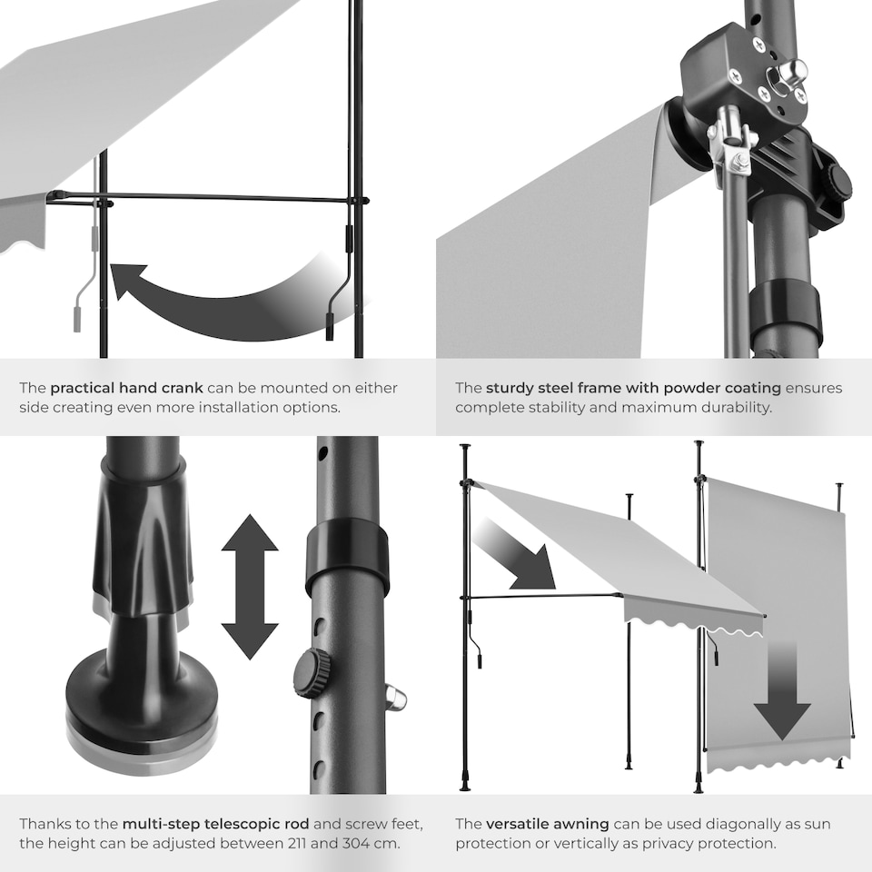 image 1 of Awning with hand crank - pressure fitted , height adjustable | Grey | light grey | 150 x 180 cm | 1