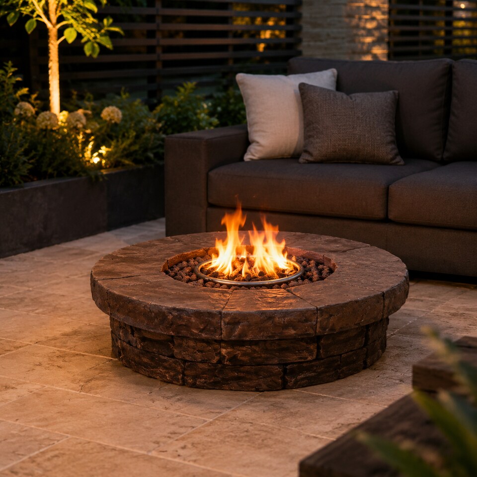 image 1 of Teamson 94cm Round Gas Fire Pit Table with Slate Top & Lava Rocks