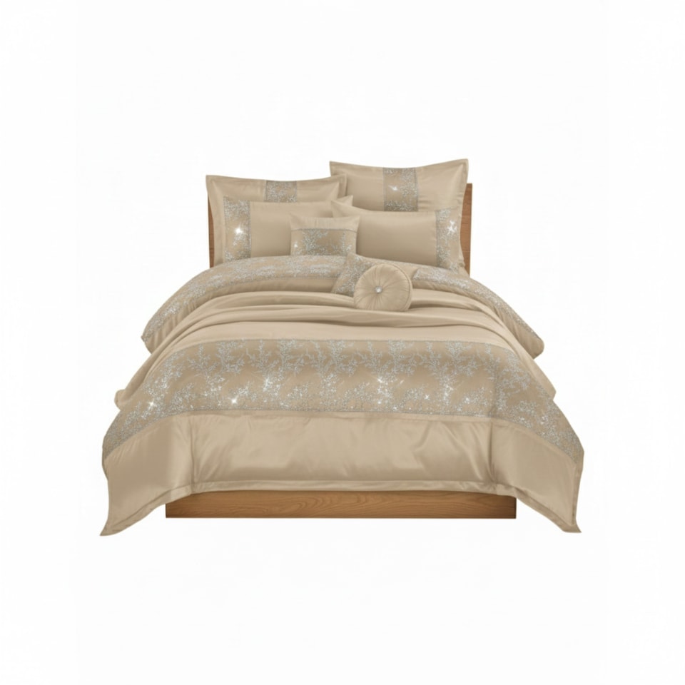 image 1 of Embroidered Duvet Cover Set Luxury Bedding with Matching Accessories | Brown | Mink | One Size
