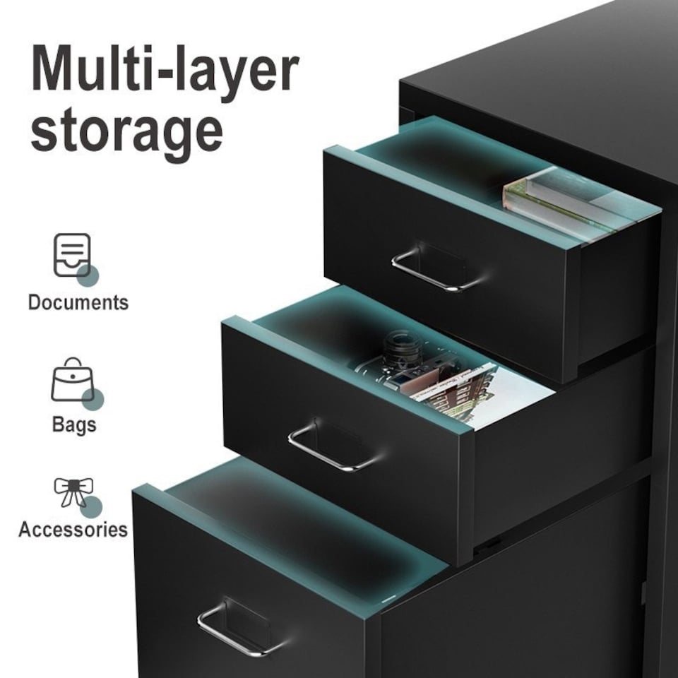 image 1 of Living and Home Vertical File Cabinet with Wheels - Black