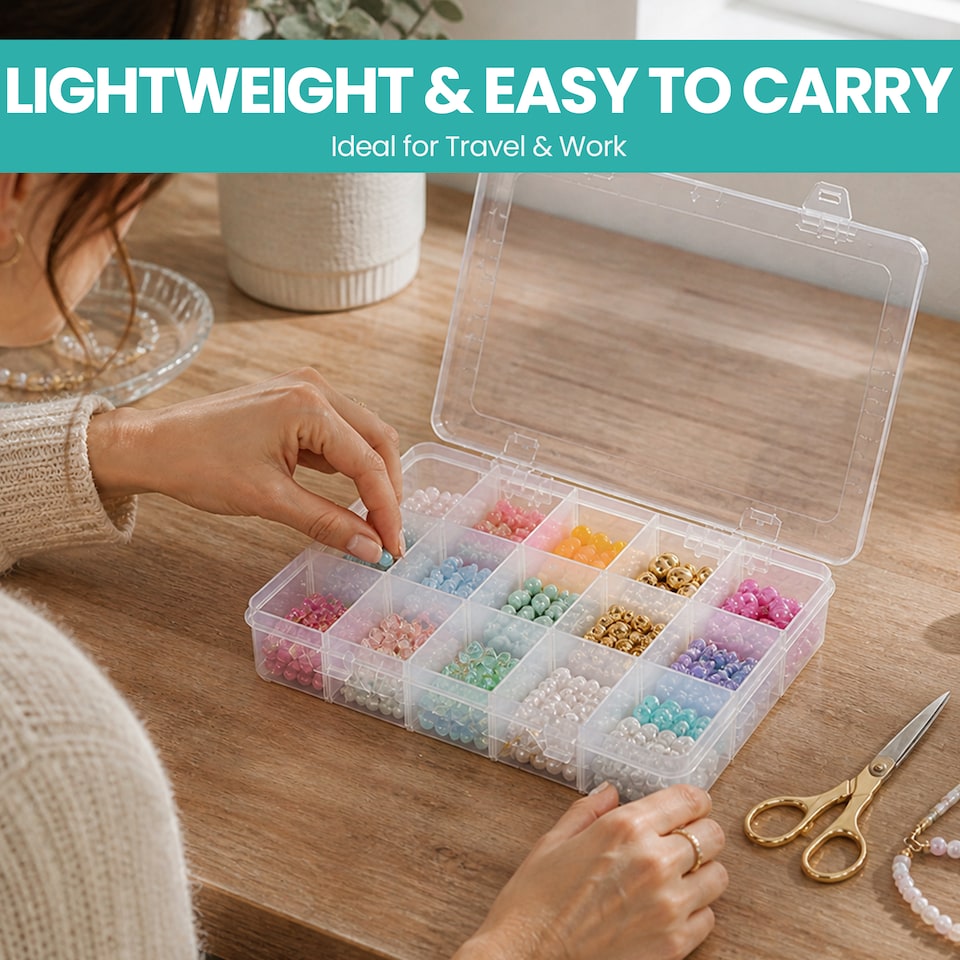 image 1 of 15 Compartment Storage Box, Clear Plastic Organiser with Dividers