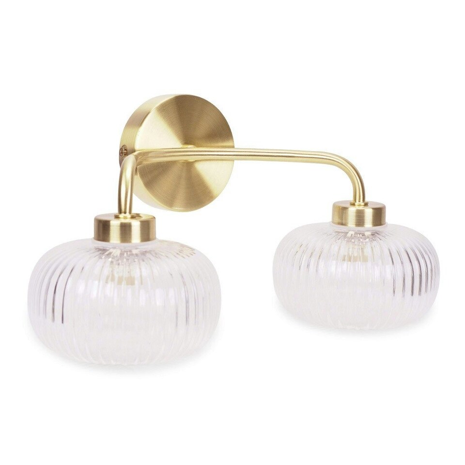 image 1 of ValueLights Amaia Brushed Gold IP44 Rated 2 Way Clear Ribbed Glass Wall Light with LED Bulbs