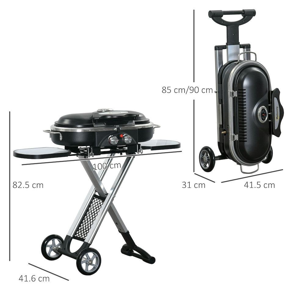 image 1 of Outsunny Foldable 2 Burner Gas BBQ Grill Trolley w/ Side Shelves Storage Pocket