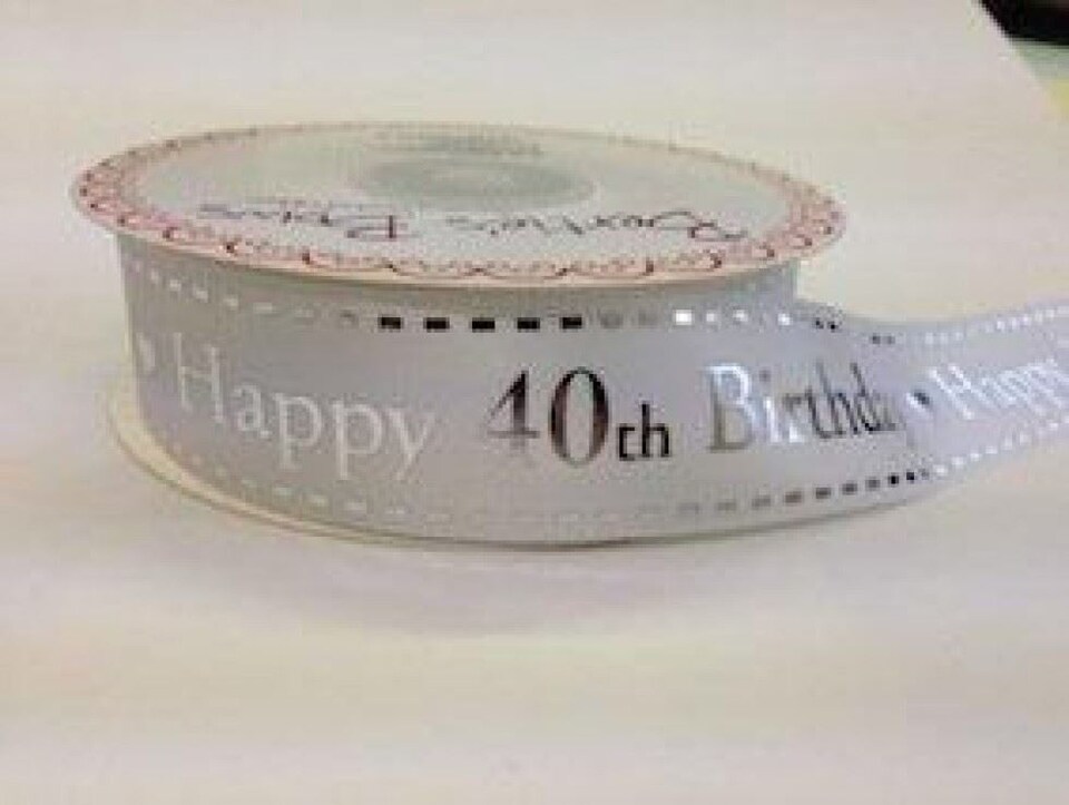Bertie's Bows White & Silver 40th Birthday 25mm Happy Birthday Ribbon for Dressmaking - per metre