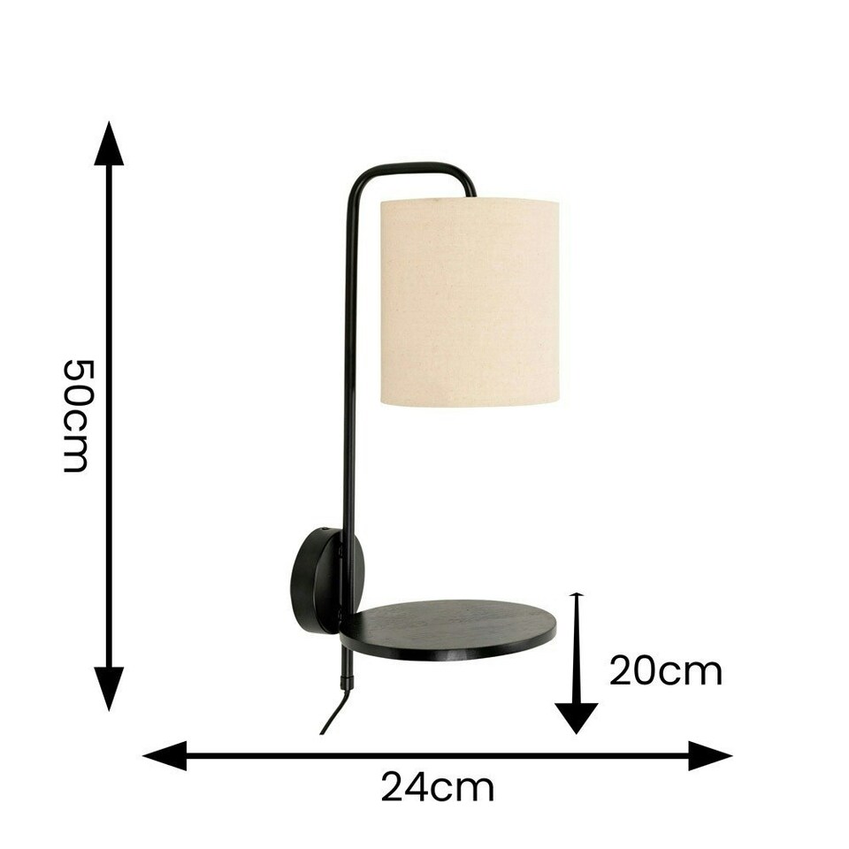 image 1 of ValueLights Ryan Natural Linen Lamp Shade Black Metal Wall with Wooden Shelf and LED Bulb Black