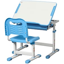 HOMCOM Kids Desk and Chair Set, Height Adjustable Student Writing Desk, Children School Study Table with Tiltable Desktop, Drawer, Pen Slot, Hook - Blue | Blue | Blue