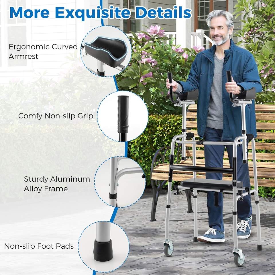 image 1 of COSTWAY Versatile Rolling Walker All Terrain Stand-Assist Walker-Silver