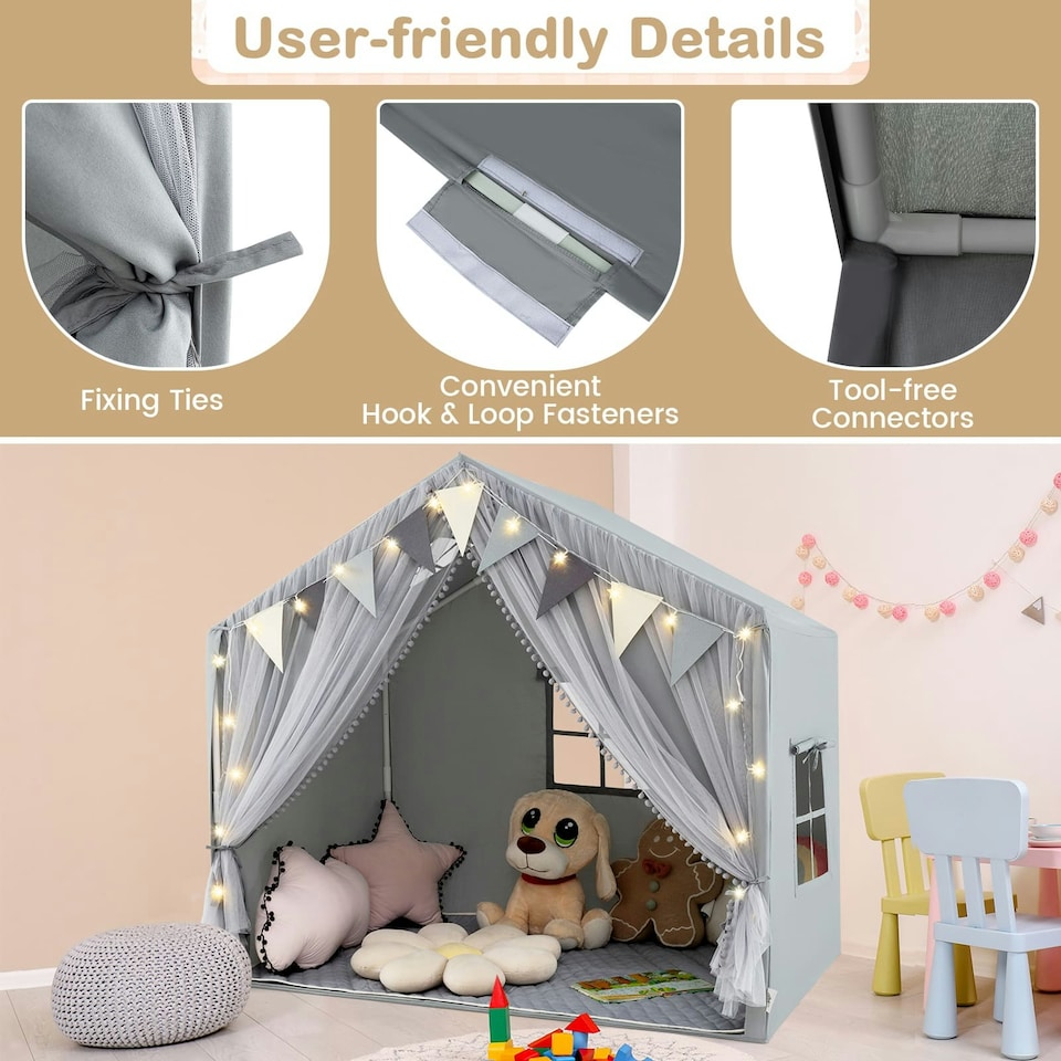 image 1 of COSTWAY Kids Play Tent 3-4 Kids Large Play Tent House Grey Grey
