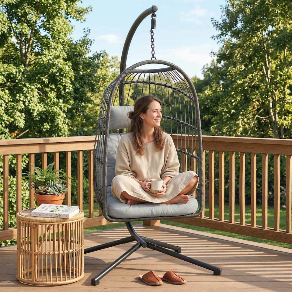 image 1 of Outsunny Hanging Egg Chair, Outdoor Swing Chair with Stand, Dark/Light Grey | Grey | Dark grey basket, light grey cushions | One Size