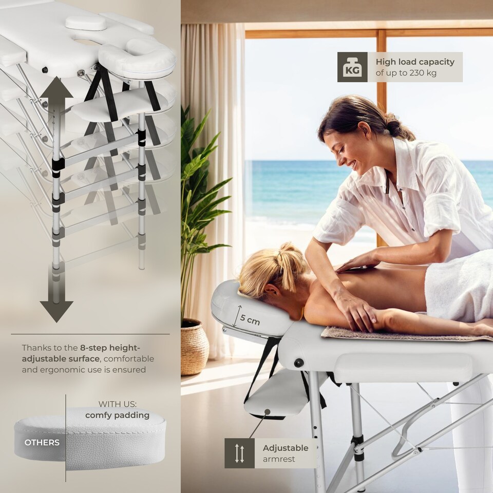 image 1 of Massage Table - 3-zone bed with aluminium frame, 5cm pad, folding, adjustable | White | white | 1