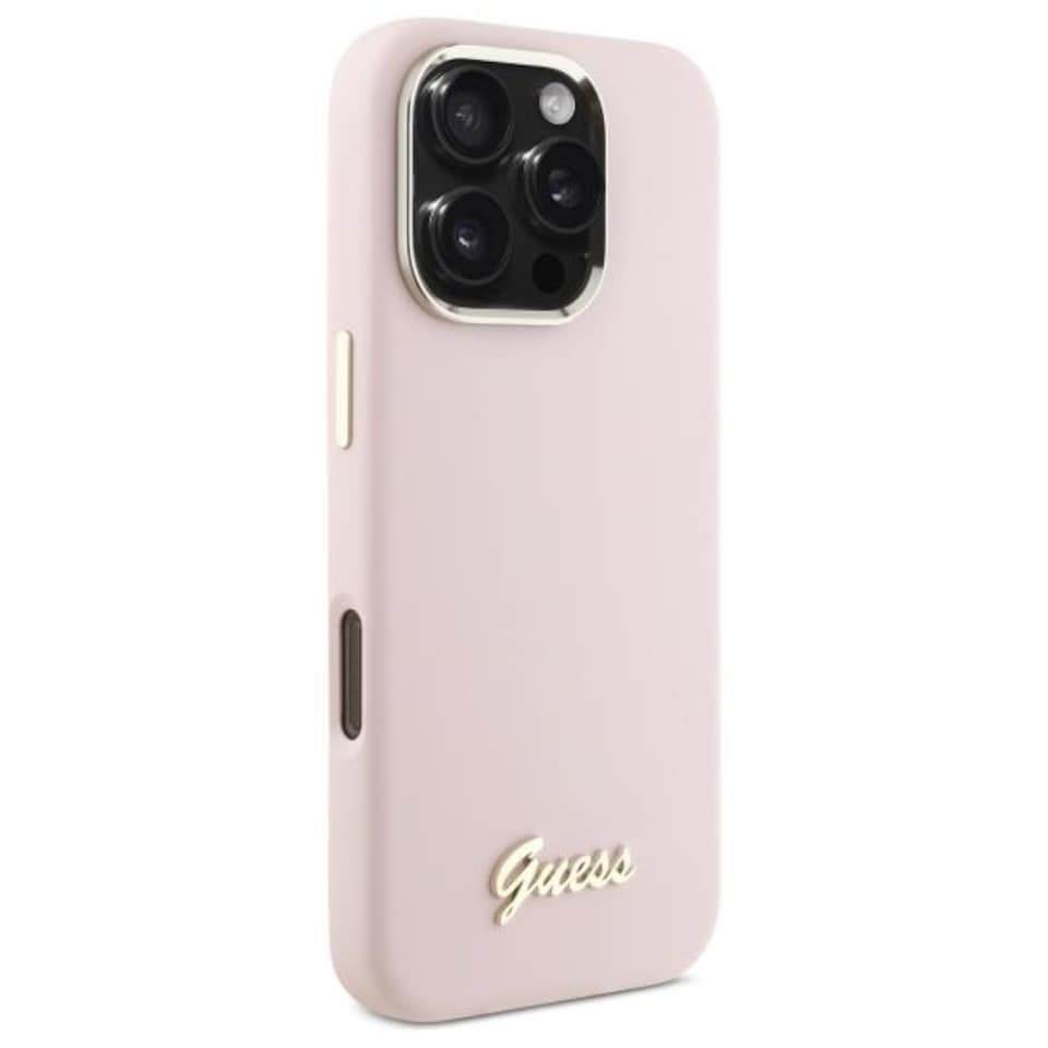 image 1 of Guess Silicone Script Metal Logo & Frame Case for iPhone 16 Pro Max 6.9 Pink - GUHCP16XSMBSLP