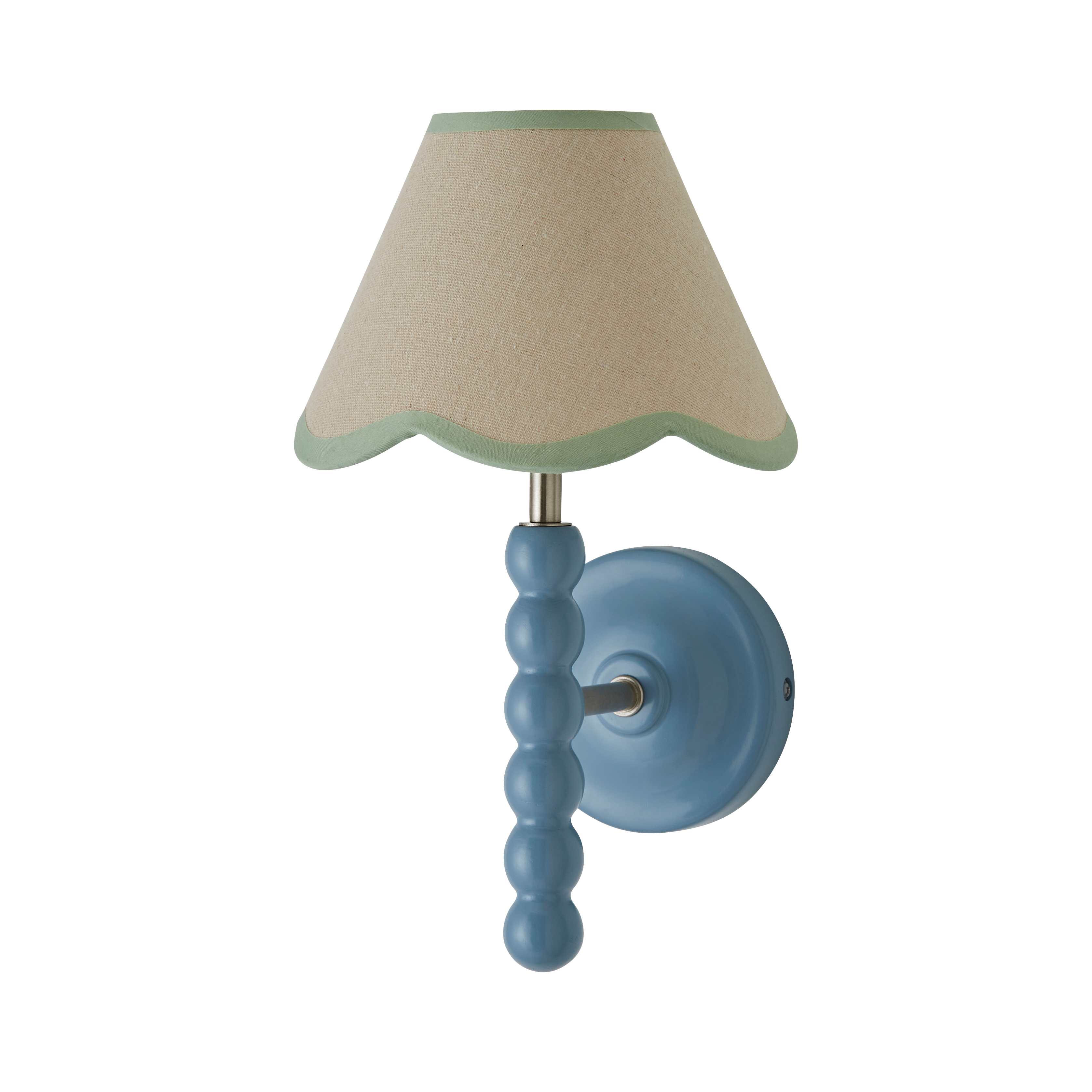 ValueLights Bobbins Powder Blue Bobble Wall Light & Linen Pastel Trim Lamp Shade in Pale Green