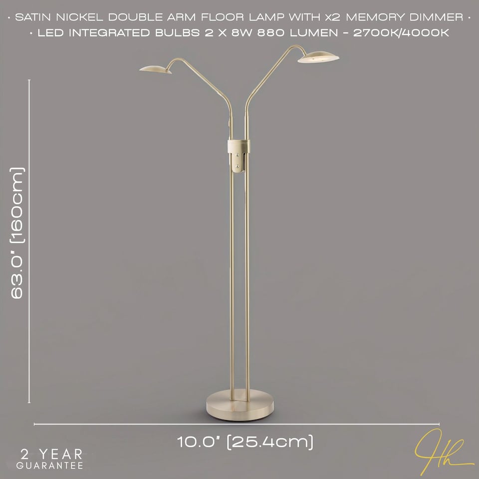 image 1 of Double Arm Nickel Floor Lamp with Dimmer and Colour Control Warm-Cool White | Silver | Satin Nickel | 1