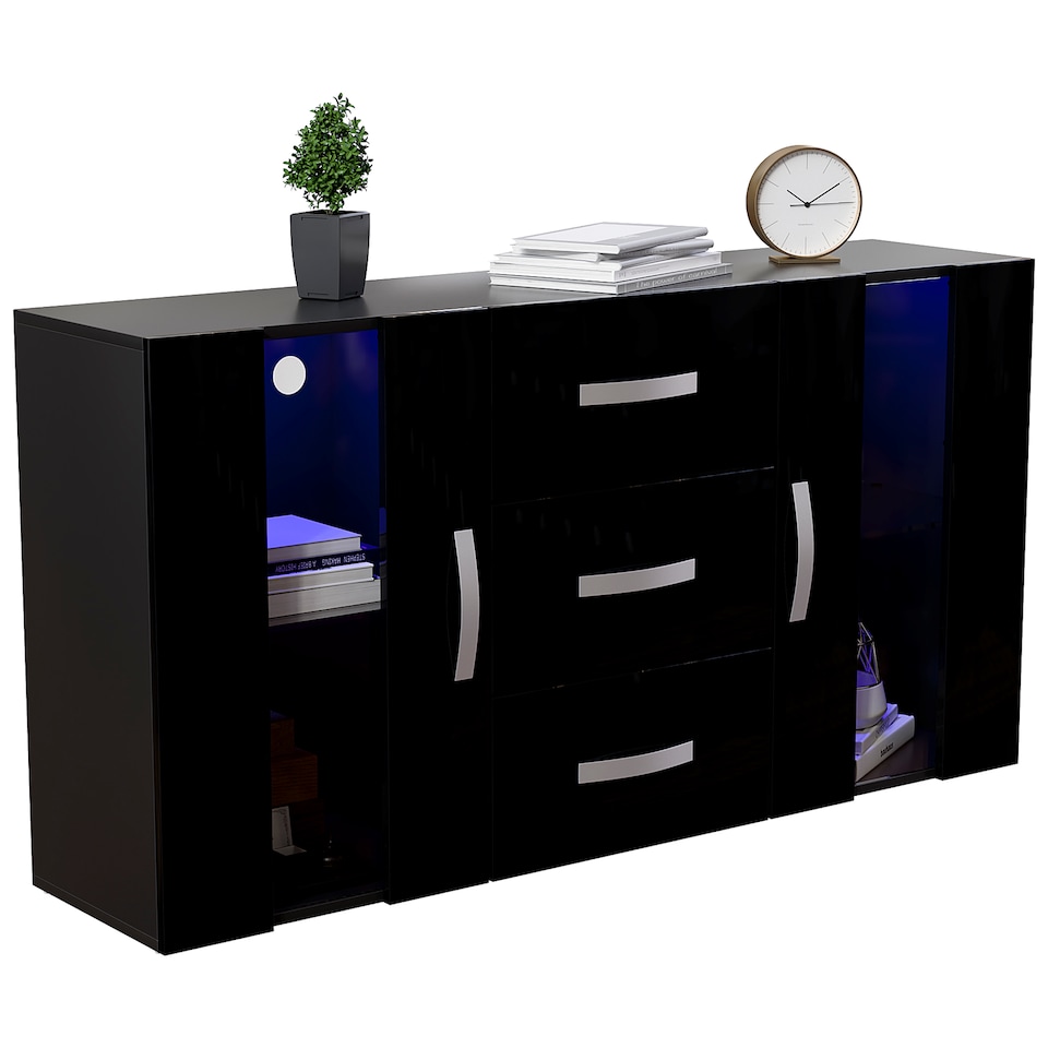 image 1 of Vida Designs Astro 2 Door 3 Drawer LED Sideboard Buffet Cabinet Storage, Black | Black | 1