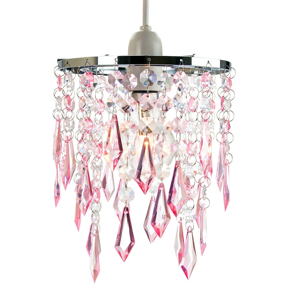 image 1 of Modern Waterfall Design Pendant Shade with Clear/Pink Acrylic Drops and Beads